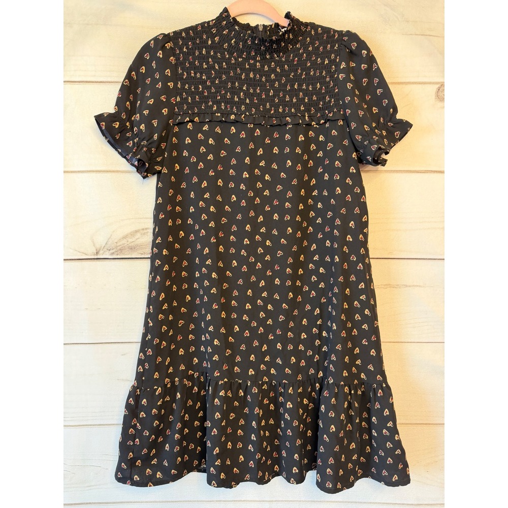 THML Black Heart Print Smocked Mock Neck Ruffle Hem Dress FTM1818-1-BK Small